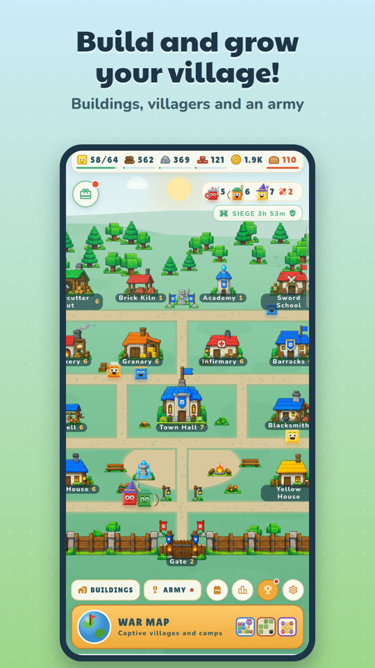 Village: buildings, villagers and army